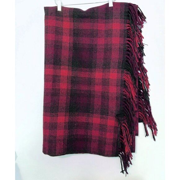 VTG Pendleton Red Black Tartan Wool Fringe Throw Blanket w/REPAIR Plaid Winter - Picture 1 of 4